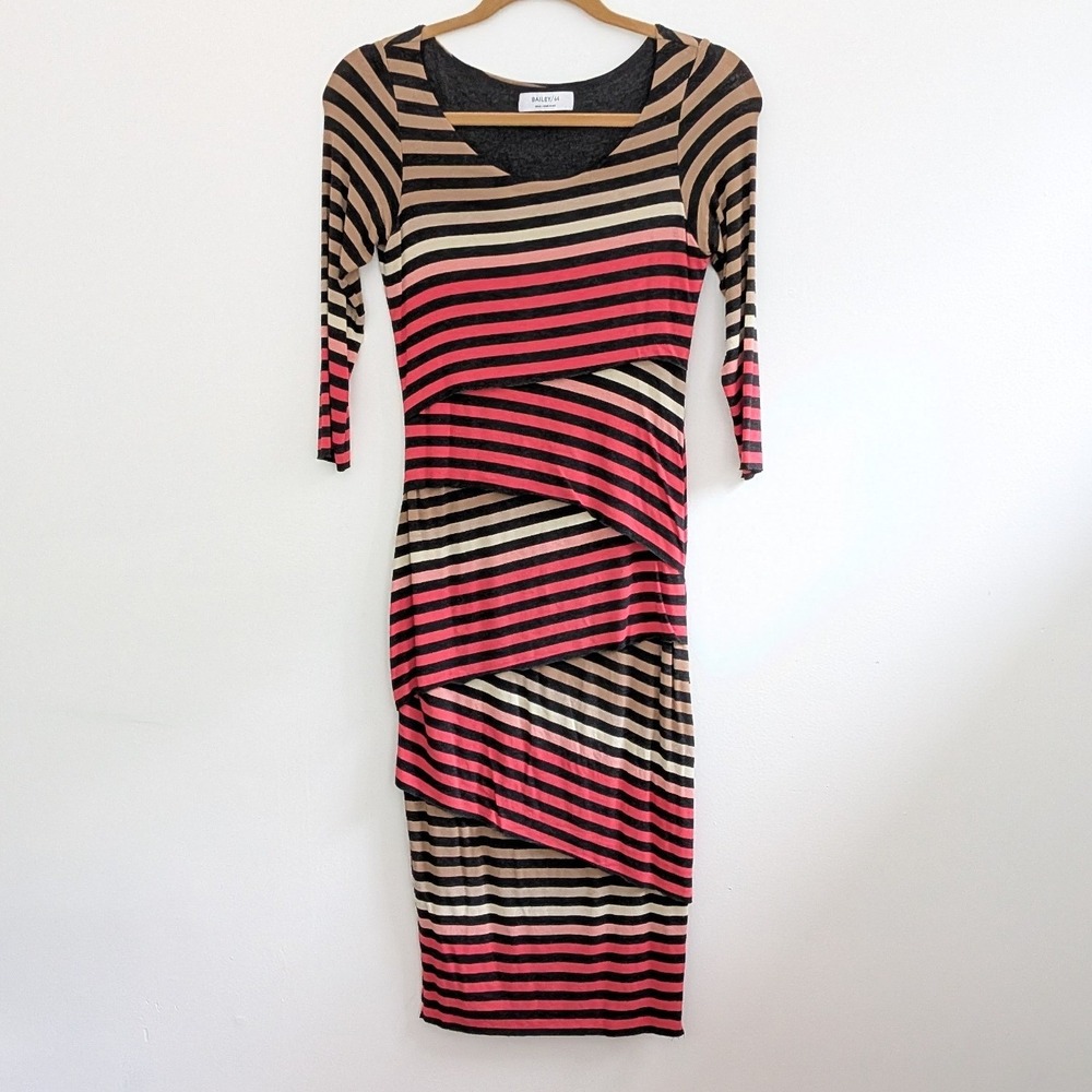 Bailey 44 Womens Sz Small Striped Layered Bodycon Dress Coral Gray Tan ANT-1286